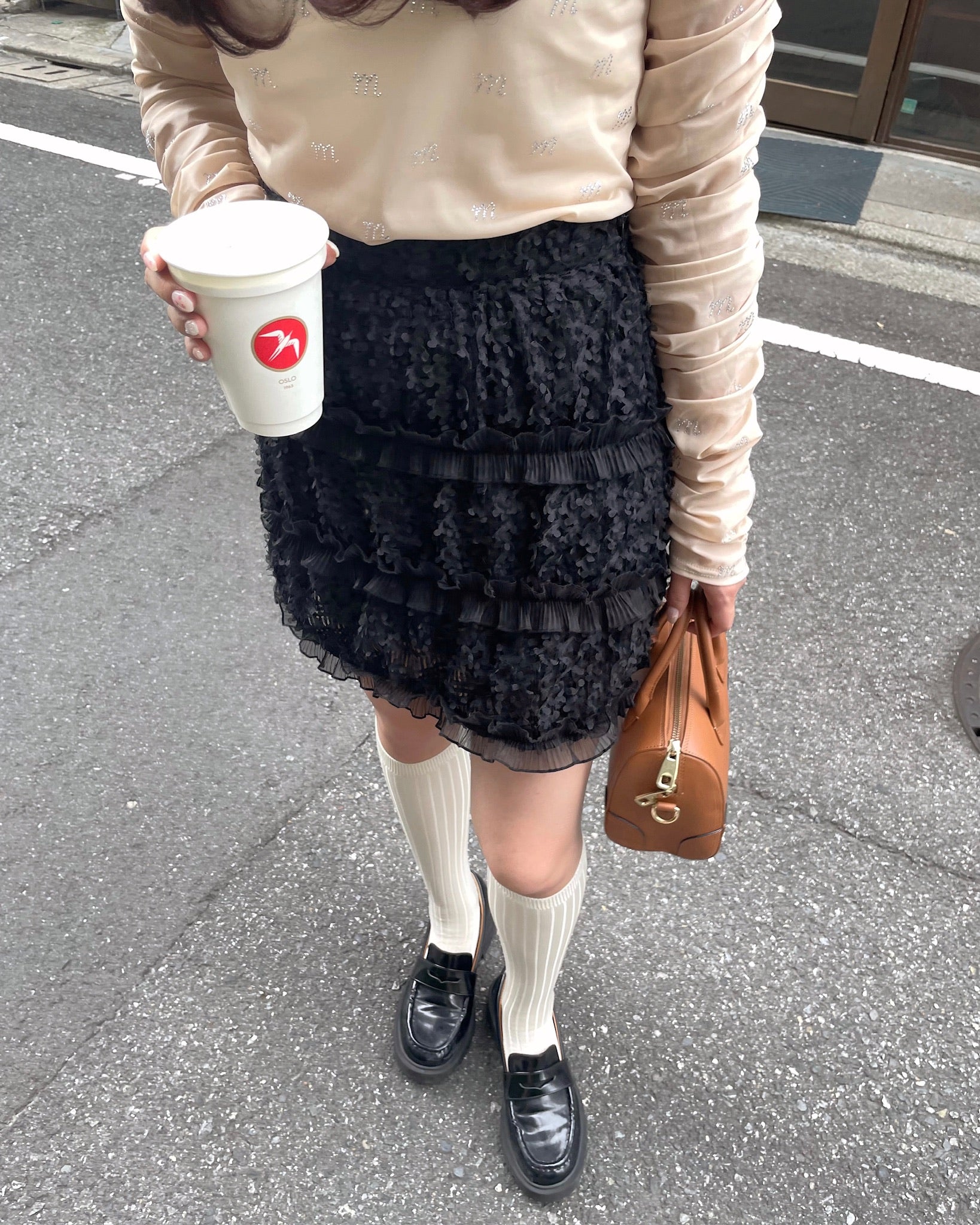 muguet lace&frill mini skirt BLACK